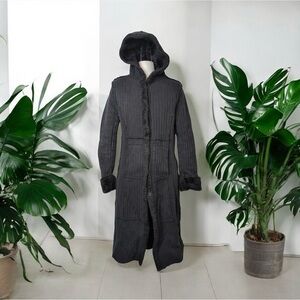 Le Château Size S Black Hooded Faux Shearling Lined Long Coat